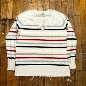 LOFT Sweater Women's‎ Small Cream Striped Ribbed Hem & Cuff V-Neck Pullover